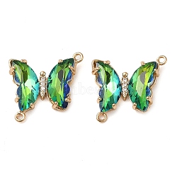 Brass Pave Faceted Glass Connector Charms, Golden Tone Butterfly Links, Lime Green, 20x22x5mm, Hole: 1.2mm(FIND-Z020-04O)