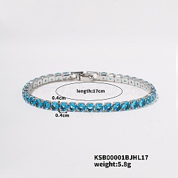 Brass Cubic Zirconia Chain Bracelets, Sky Blue, 6-3/4 inch(17cm)(UE0226-2)