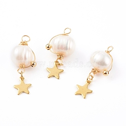 Natural Cultured Freshwater Pearl Pendants, with 304 Stainless Steel Star Charms, Brass Beads and Copper Wire, Golden, 30.5~32x12~14.5x9.5~10.5mm, Hole: 1.8mm(PALLOY-JF00673-02)