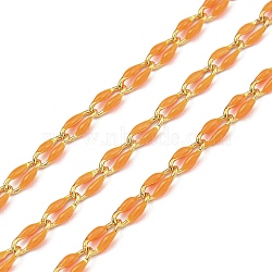 Ion Plating(IP) Brass Dapped Chains, Cable Chains with Enamel, Real 18K Gold Plated, Soldered, with Spool, Flat Oval, Orange, 7x3x1.3mm, about 32.81 Feet(10m)/Roll(CHS-K018-14A-11)