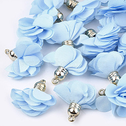 Cloth Pendants, with CCB Plastic, 6-Petal, Flower, Golden, Light Sky Blue, 26~27x17~28mm, Hole: 1.6mm(FIND-S300-01G)