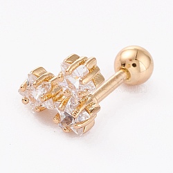Brass Micro Pave Clear Cubic Zirconia Barbell Cartilage Earrings, with 304 Stainless Steel Pins, Heart, Golden, 14x10mm, Pin: 1mm(AJEW-P017-15G)