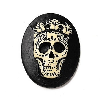 Halloween Opaque Resin Cabochons, Oval with Skull, Black, 37x28x7mm