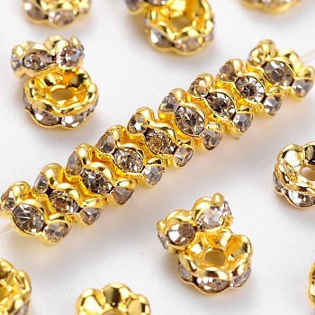Brass Rhinestone Spacer Beads, Wavy Edge, Crystal, Nickel Free, Golden, 4x2mm, Hole: 1mm