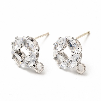 Brass Micro Pave Clear Cubic Zirconia Stud Earring Findings, with Loop, Flat Round, Platinum, 11.5x9.5mm, Hole: 1.8mm, Pin: 0.7mm