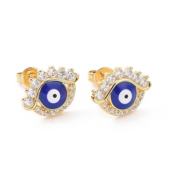 Enamel Evil Eye Stud Earrings with Clear Cubic Zirconia, Brass Jewelry for Women, Golden, 10.5x13.5mm, Pin: 0.6mm