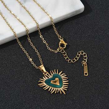 304 Stainless Steel Enamel Teal Pendant Necklaces for Women, Golden, Heart, 16.50 inch(41.9cm)