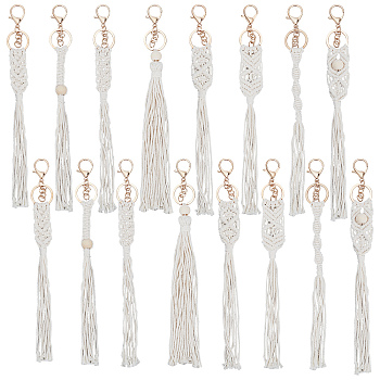 Cotton Knitting Tassel with Wood Beads Keychains, with Iron Lobster Claw Clasps & Ring, Bisque, 27.4~30cm, 8pcs/set