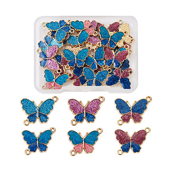 30Pcs 6 Styles Light Gold Plated Alloy Enamel Links/Connectors, with Glitter Powder, Two Tone, Butterfly, Mixed Color, 5pcs/style