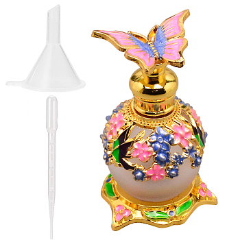 Gorgecraft 1Pc Glass Openable Perfume Bottle, Refillable Bottles, with Alloy Enamel Findings, Butterfly, Golden,  1Pc Plastic Funnel & 1Pc Disposable Plastic Transfer Pipettes, Deep Pink, 4.55x7.6cm, Capacity: 15ml(0.5 fl. oz)