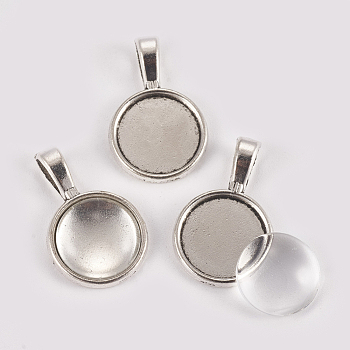 DIY Pendant Making, with Alloy Pendant Cabochon Settings and Clear Glass Cabochons, Flat Round, Antique Silver, Pendant Cabochon Setting: 26.5x17x2mm, Hole: 3.5x7mm, Tray: 14mm, Glass Cabochon: 13.5~14x4mm, 2pcs/set