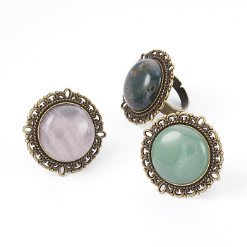 Natural Mixed Gemstone Adjustable Rings, with Iron Finger Ring Components Alloy Cabochon Bezel Settings, Half Round/Dome, Antique Bronze, Size 7, 17mm