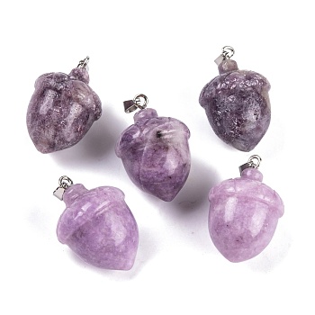 Natural Lepidolite Pendants, Acorn Charms with 201 Stainless Steel Snap on Bails, Stainless Steel Color, 29~30x20mm, Hole: 6x3mm