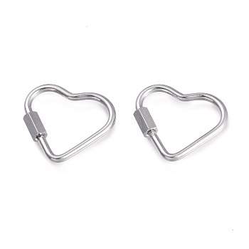 304 Stainless Steel Screw Carabiner Lock Charms, for Necklaces Making, Heart, Stainless Steel Color, 22x24.5x4mm, Screw: 7x4x4.5mm