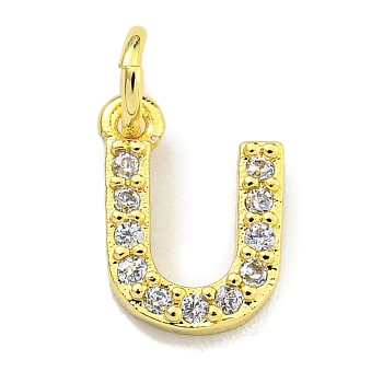 Letter Brass Micro Pave Clear Cubic Zirconia Pendants, Jump Ring, Real 18K Gold Plated, Letter U, 9.5x7.8x1.8mm,  Jump Ring: 4x0.9mm, Hole: 2.5mm