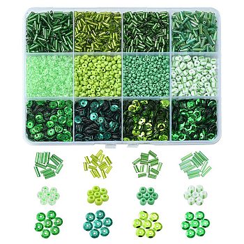 DIY Beads Jewelry Making Finding Kit, Including Glass Bugle & Round Seed & PVC Paillette Beads, Green