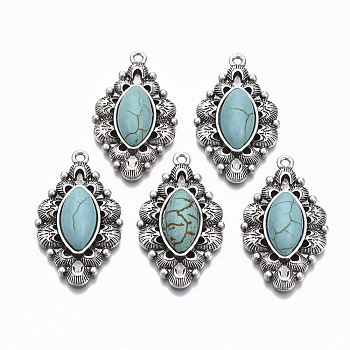 Tibetan Style Alloy Pendants, with Synthetic Turquoise, Cadmium Free & Lead Free, Rhombus Flower, Antique Silver, 37.5x22x7.5mm, Hole: 1.8mm