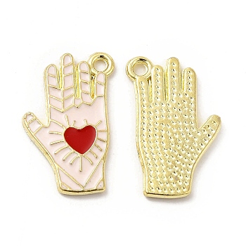 Alloy Enamel Pendants, Hand with Heart Pattern, Platinum, Golden, Lavender Blush, 21.5x14x1.5mm, Hole: 1.6mm