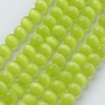 Cat Eye Beads, Round, Yellow Green, 6mm, Hole: 1mm, about 66pcs/strand, 15.5 inch
