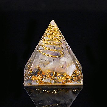 Orgonite Pyramid Resin Display Decorations, with Brass Findings, Gold Foil and Natural Fluorite Chips Inside, for Home Office Desk, 30mm
