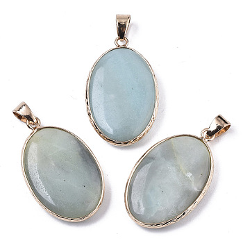 Natural Amazonite Pendants, with Light Gold Plated Brass Edge and Snap on Bail, Oval, 35~36x21.5x6.5mm, Hole: 6x6mm