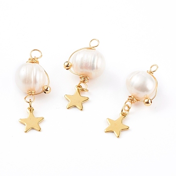 Natural Cultured Freshwater Pearl Pendants, with 304 Stainless Steel Star Charms, Brass Beads and Copper Wire, Golden, 30.5~32x12~14.5x9.5~10.5mm, Hole: 1.8mm