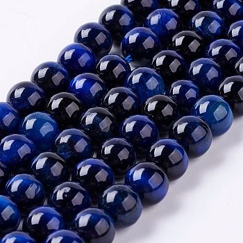 Natural Tiger Eye Bead Strands, Round, Dark Blue, 8mm, Hole: 1mm, about 47~50pcs/strand, 14.9 inch