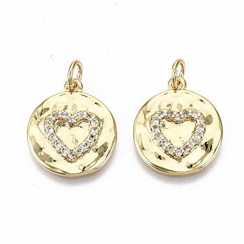 Brass Micro Pave Clear Cubic Zirconia Pendants, with Jump Rings, Nickel Free, Flat Round with Heart, Real 16K Gold Plated, 17x15x2mm, Jump Ring: 5x0.8mm, 3.4mm inner diameter