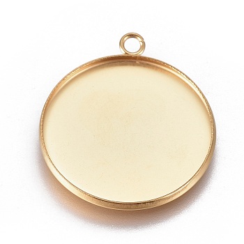 Ion Plating(IP) 304 Stainless Steel Pendant Cabochon Settings, Plain Edge Bezel Cups, Flat Round, Golden, Tray: 25mm, 30.5x26.5x2mm, Hole: 2.2mm