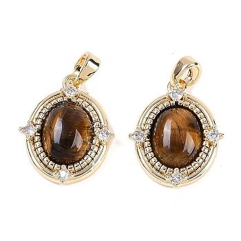 Natural Tiger Eye Oval Pendants, Brass Clear Cubic Zirconia Charms, Real 18K Gold Plated, 18x15x4.5mm, Hole: 3.5x2.5mm