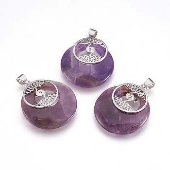 Natural Amethyst Pendants, with Platinum Tone Brass Findings, Flat Round with Tree of Life, 32x28x6mm, Hole: 4x5mm