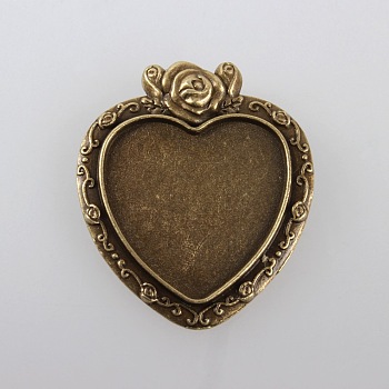 Valentines Gifts Ideas Alloy Carved Rose Pendant Cabochon Bezel Settings, Cadmium Free & Nickel Free & Lead Free, Antique Bronze, Heart Tray: 25x23mm, 38x33x2mm, Hole: 2mm