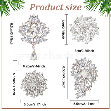 anattasoul 4個 4 スタイルのラインストーンフラワーブローチピン(JEWB-AN0001-04)-2