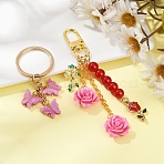 2 Styles Butterfly & Rose Synthetic Coral & Alloy Acrylic/Enamel Pendant Decorations, with Glass Pearl Beads and Iron Rolo Chain, with Iron Split Key Rings, Flamingo, 68~108mm(KEYC-YW00182-01)