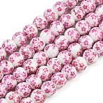 Handmade Flower Printed Porcelain Ceramic Beads Strands, Round, Pearl Pink, 6mm, Hole: 2mm, about 60pcs/strand, 11.6~13 inch(X-PORC-M005-6mm-03)