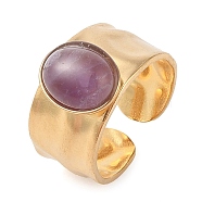 Oval Natural Amethyst Finger Rings, Ion Plating(IP) 304 Stainless Steel Wide Band Cuff Rings for Women, Soldered, Real 14K Gold Plated, Oval: 11x9.5mm, Adjustable(RJEW-Z057-12G-09)