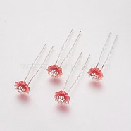 (Defective Closeout Sale), Lady's Hair Forks, with Silver Color Plated Iron Findings, Rhinestone and Resin, Flower, Crystal, Indian Red, 75mm(PHAR-XCP0001-K04)