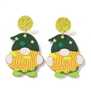 Saint Patrick's Day Sparkling Acrylic Dangle Stud Earrings, Gnome, Gold, 61x34.5mm(EJEW-P243-A06)