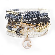 2Pcs 2 Color Natural Lava Rock & Synthetic Hematite & Shell Beaded Multi-strand Bracelets Set, Enamel Smiling Face Stretch Bracelets with Crescent Moon Charms Stackable Bracelets for Women, Black and White, Inner Diameter: 2 inch(5cm), 1Pc/color(BJEW-JB08784)