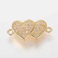 Brass Micro Pave Cubic Zirconia Links, Heart with Heart, Golden, 18x8x2.5mm, Hole: 1mm(X-ZIRC-K061-100G)