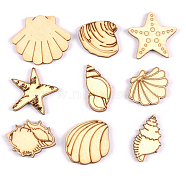 Unfinished Wooden Pieces, Wood Cutouts, Mixed Shape, Shell/Conch/Starfish, Ocean Themed Pattern, 3~4cm(OCEA-PW0001-13A)