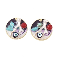 Rack Plating Alloy Enamel Pendants, with Resin & ABS Imitation Pearl Beads & Synthetic Turquoise, Cadmium Free & Nickel Free & Lead Free, Golden, Flat Round with Heart & Evil Eye, Indigo, 30x8.5mm, Hole: 1.9mm(FIND-Z062-01G-05)