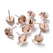 Ion Plating(IP) 304 Stainless Steel Stud Earring Settings, with Loop, Flat Round, Rose Gold, Flat Round: 11x8.3mm, Hole: 1.6mm, Pin: 0.8mm, Tray: 6mm(STAS-I161-01B-RG)