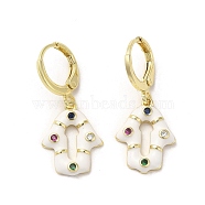 Hamsa Hand Real 18K Gold Plated Brass Dangle Hoop Earrings, with Cubic Zirconia and Enamel, WhiteSmoke, 29x13mm(EJEW-L268-040G-04)