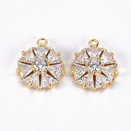 Brass Micro Pave Clear Cubic Zirconia Charms, Flat Round, Real 18K Gold Plated, 14x12x2mm, Hole: 1.2mm(ZIRC-S068-033-NF)