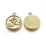 Tibetan Style Alloy Pendants, Aum/Om Symbol, Cadmium Free & Lead Free, Flat Round, Antique Golden, 21x18x2mm, Hole: 2mm(TIBEP-S036-AG-LF)