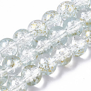 Transparent Spray Painted Crackle Glass Bead Strands, with Golden Foil, Round, Pale Turquoise, 8~9mm, Hole: 1.2~1.5mm, about 46~56pcs/Strand, 14.37 inch~16.3 inch(36.5~41.4cm)(GLAA-N035-03C-A09)