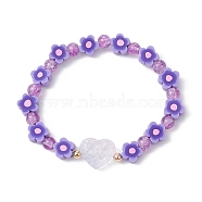 Handmade Flower Polymer Clay Stretch Bracelets, Crackle Glass Heart Beaded Bracelets for Women, Lilac, Inner Diameter: 2-1/8 inch(5.3cm)(BJEW-JB09825-03)