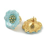 Flower Ion Plating(IP) 304 Stainless Steel Stud Earrings, with Enamel for Women, Polishing, Golden, Pale Turquoise, 23x22mm(EJEW-G400-14G-02)