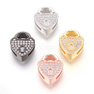 Brass Micro Pave Cubic Zirconia Slide Charms, Lead Free & Cadmium Free & Nickel Free, Long-Lasting Plated, Heart Lock, Clear, Mixed Color, 14x11x4.5mm, Hole: 1.5x10.5mm(ZIRC-P077-28-NR)